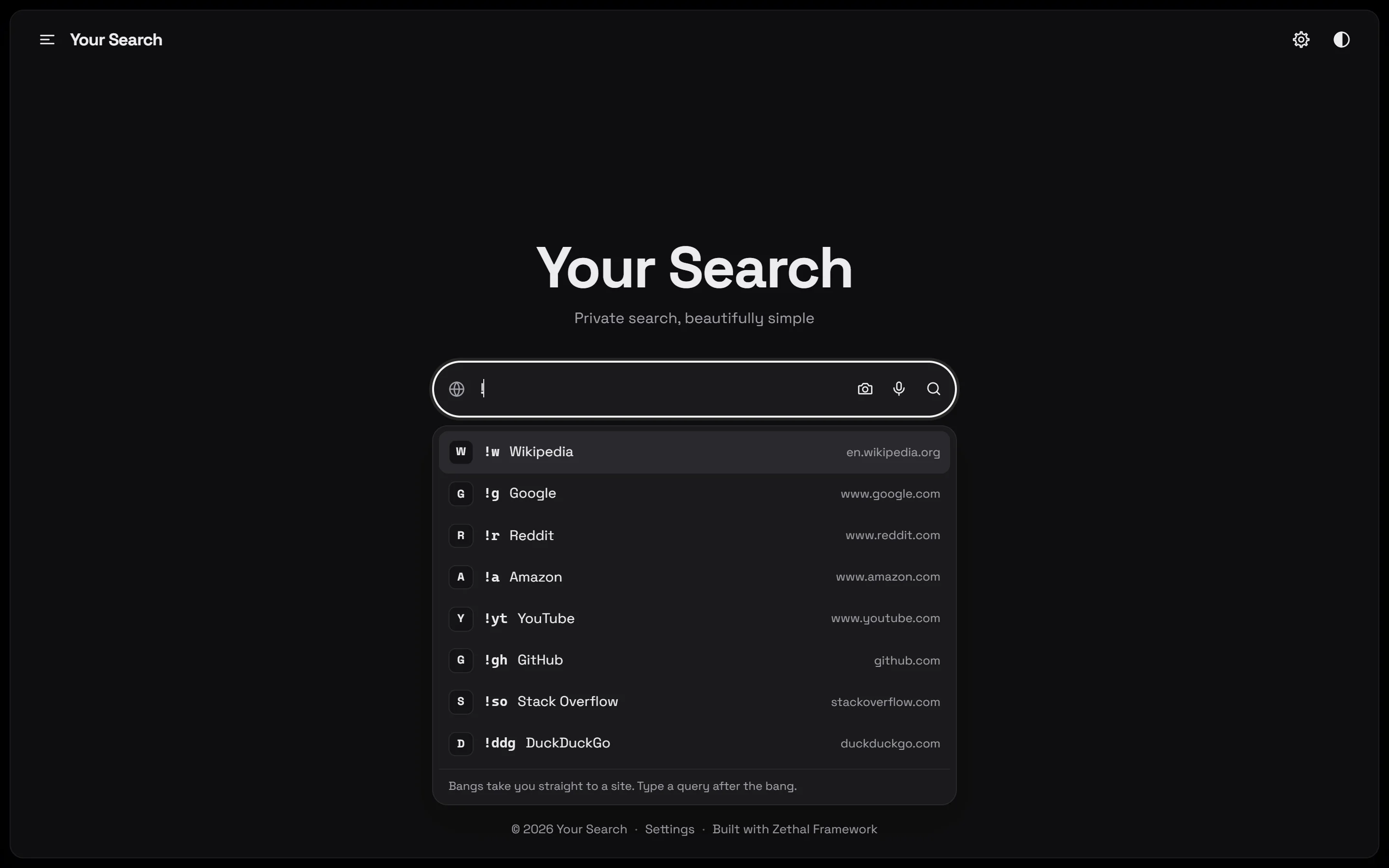 The search bar showing a dropdown of bang shortcuts such as Wikipedia, Google and Reddit