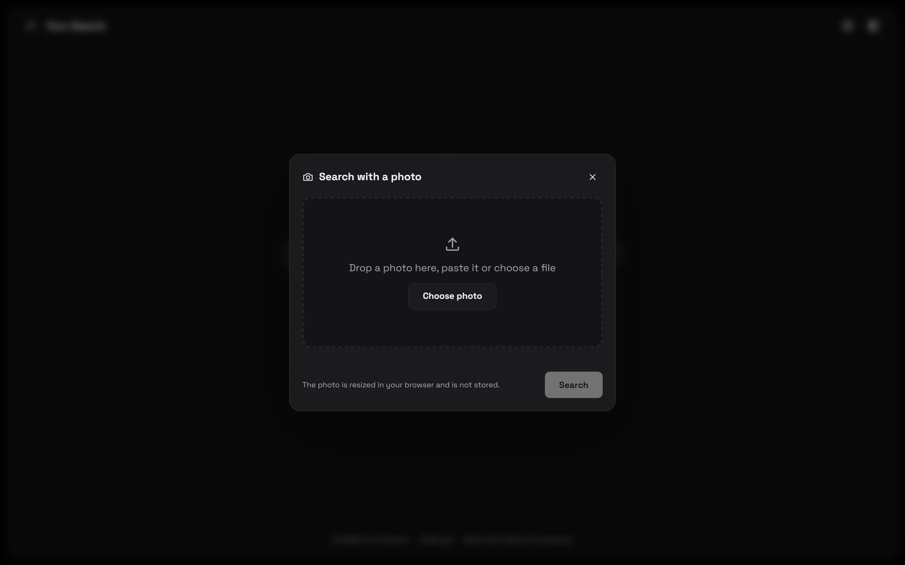 The search with a photo dialog with a drop zone and a choose photo button