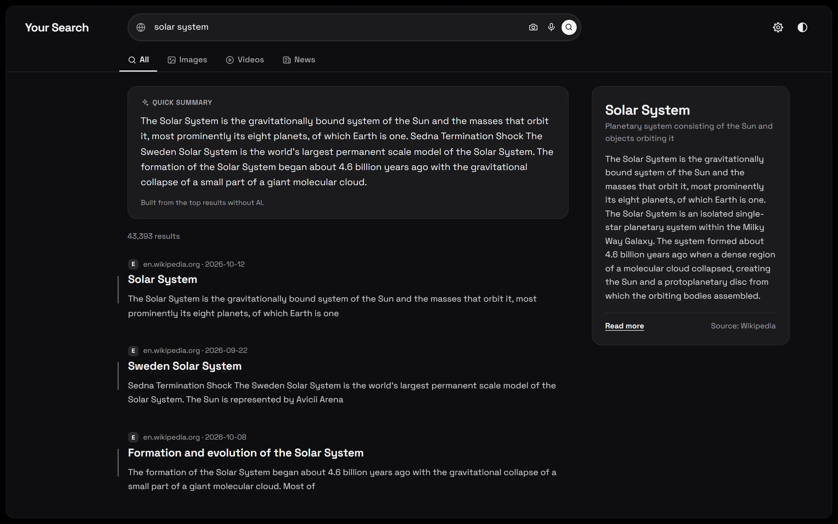 The same results page in dark mode