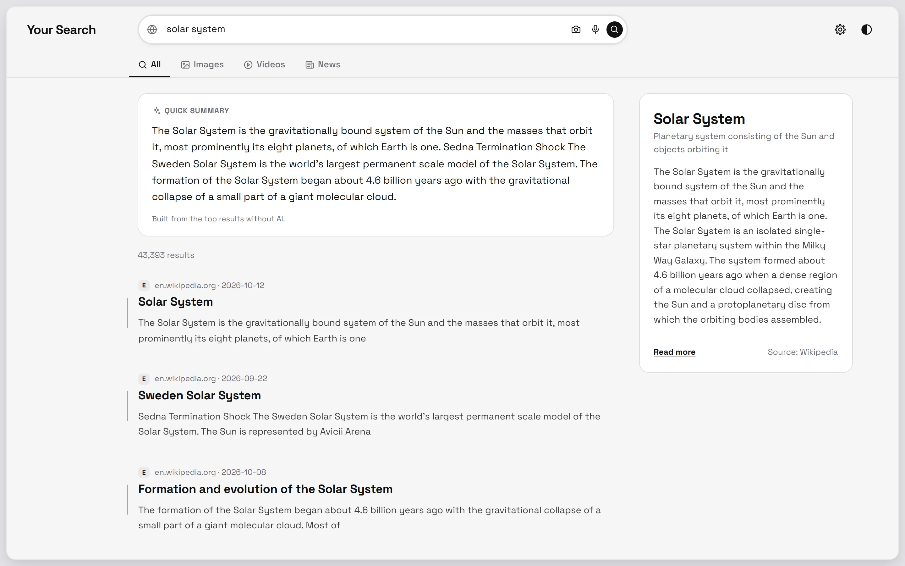 Search results with a quick summary card, result list and a Wikipedia knowledge panel