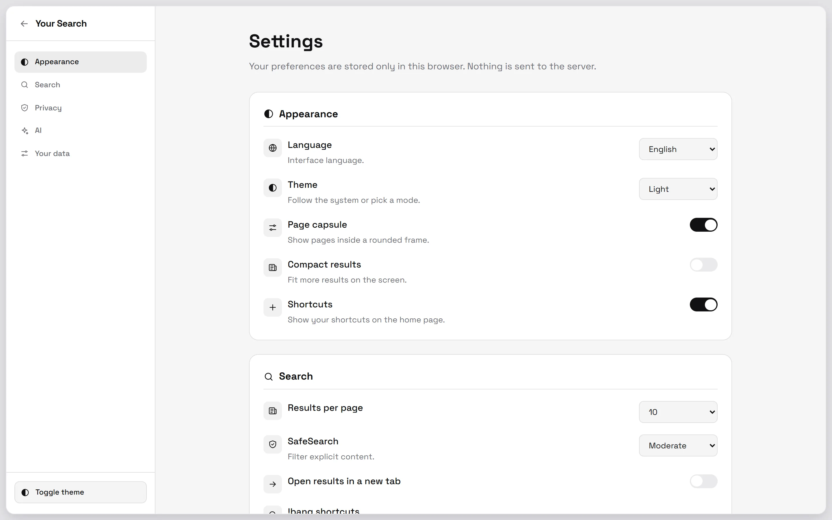 The settings page with a sidebar and appearance options